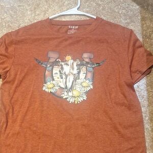 SHEIN Brown Graphic Tee with Skull and Flowers